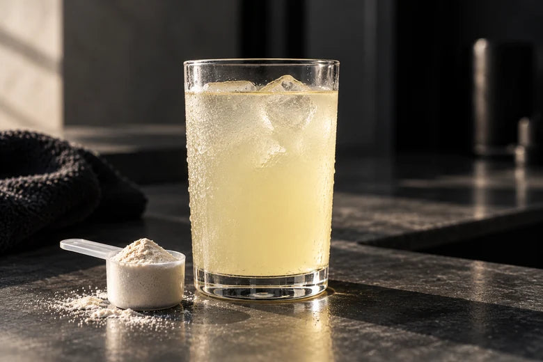 Prepared pale lemon-coloured drink with condensation beside a scoop of powder