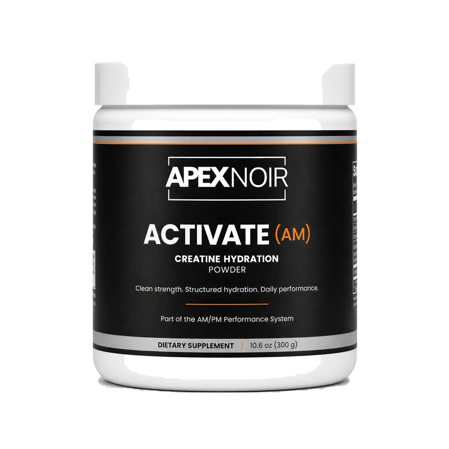 Apex Noir ACTIVATE creatine hydration powder on white background