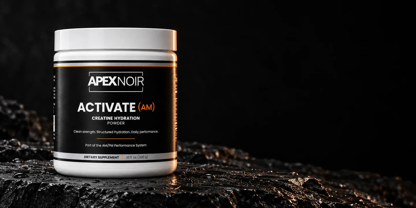 Apex Noir ACTIVATE creatine hydration powder on dark stone
